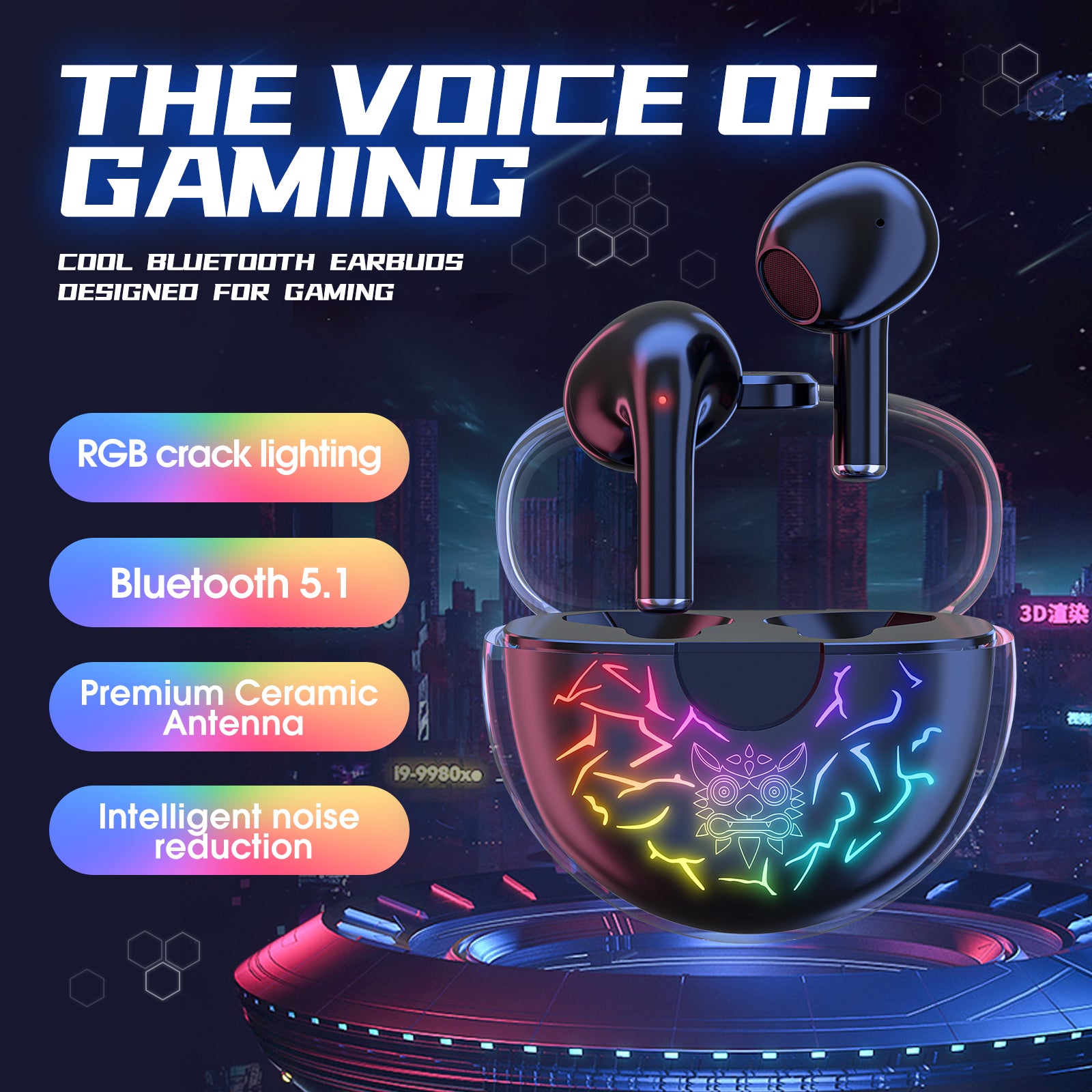 ONIKUMA T35 Crack RGB Lighting Wireless Earbuds Noise Cancelling Gaming Headset Bluetooth 5.1 Headphones for Music Sports and Calls