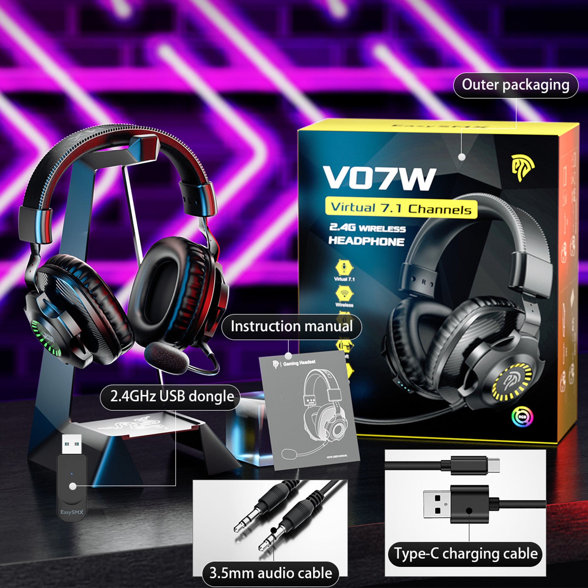 EASYSMX V07W Wireless Headset 3 Modes Gaming Headphones with Noise Cancelling Microphone for PC PS4 PS5