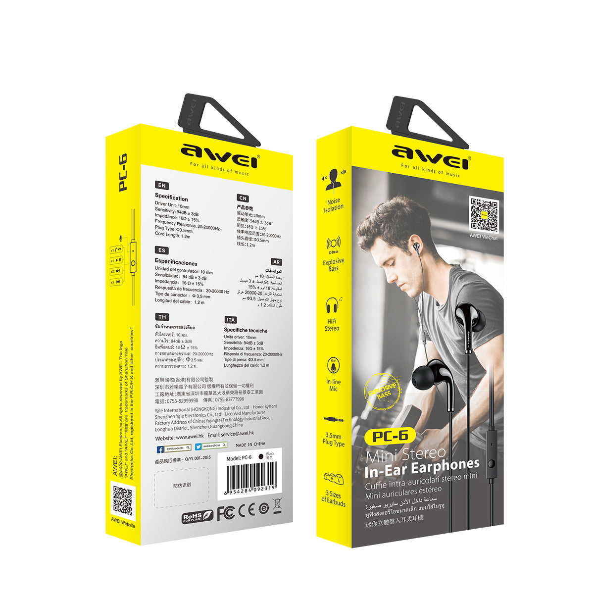 AWEI PC-6 3.5mm Wired In-ear Earphones Music Headset with Mic Wire Control for iOS Android Mobile Phone