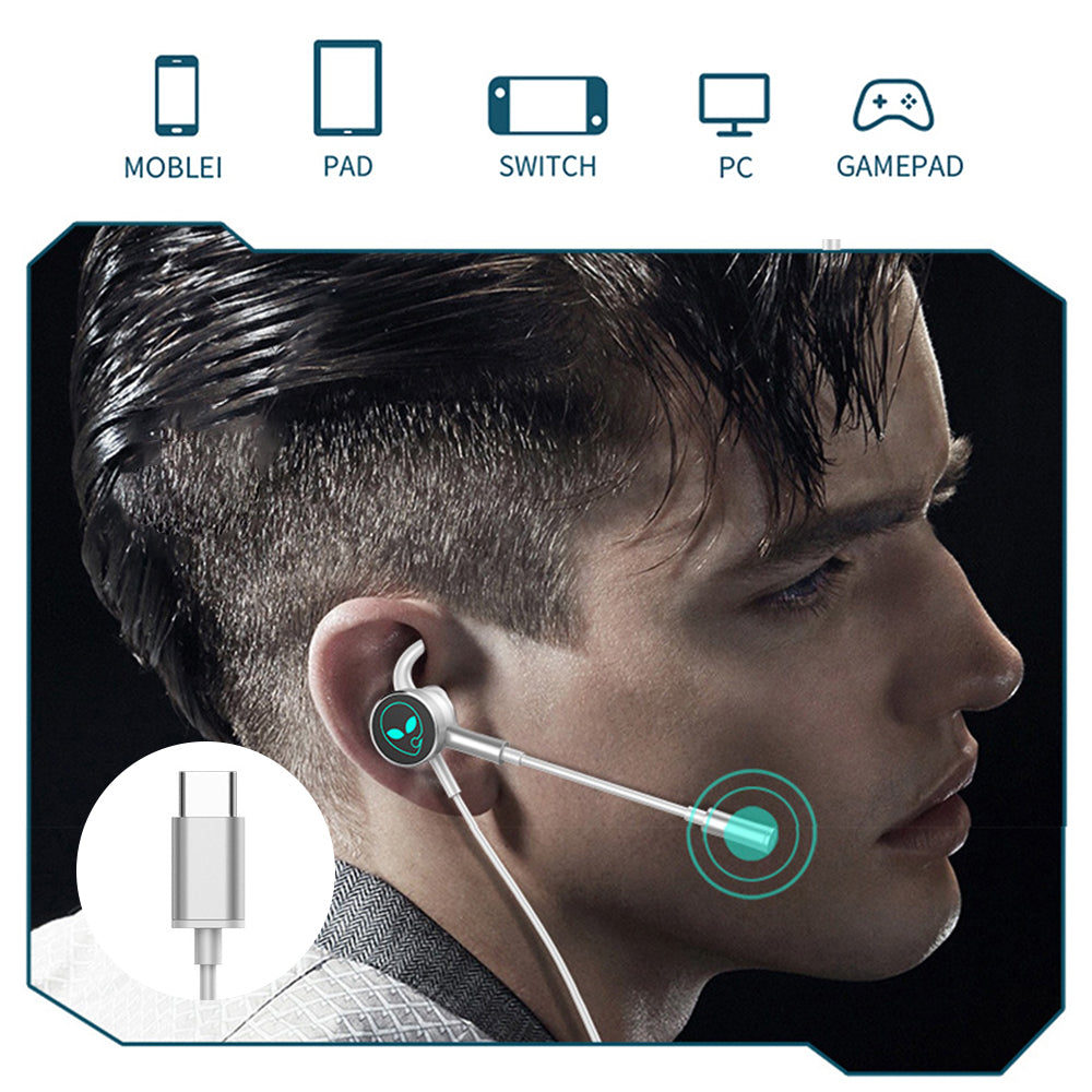 Type-C Plug Wired In-ear Earphone RGB Breathing Light E-sport Gaming Music Headset with Dual Mic