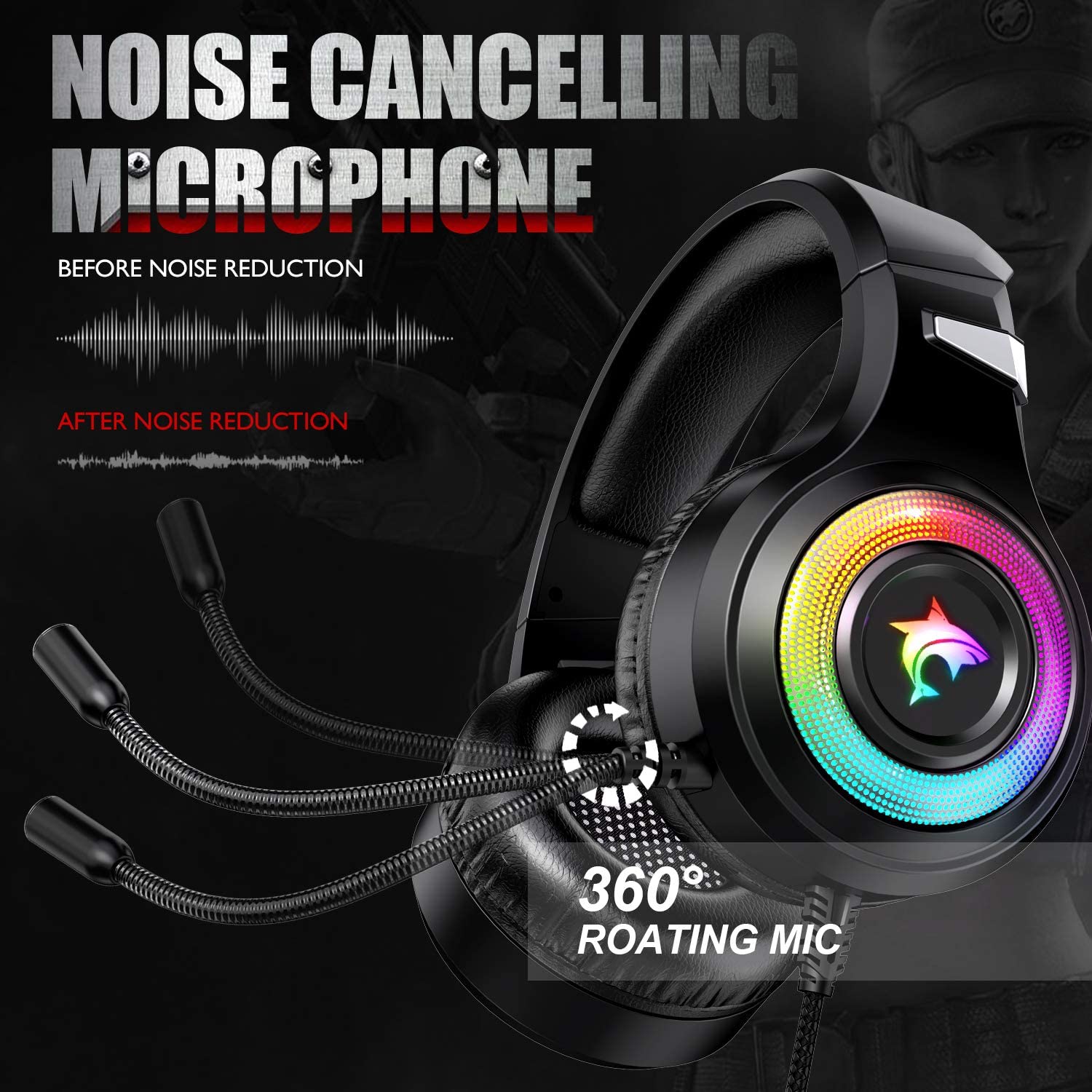 J-ANKKA-F2 Gaming Headset Stereo Noise Canceling Over-Ear Headphone with Mic LED Light for PS4 PS5 Xbox One PC