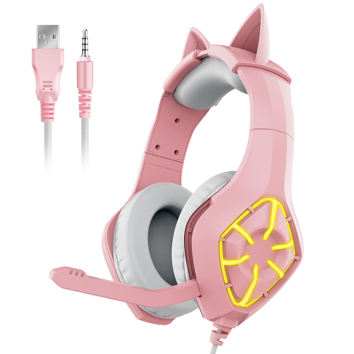 GS-100 USB 3.5mm Cute Cat Ear Decor Wired Gaming Headphone Bionic Protein Earmuffs with Omni-Directional Microphone
