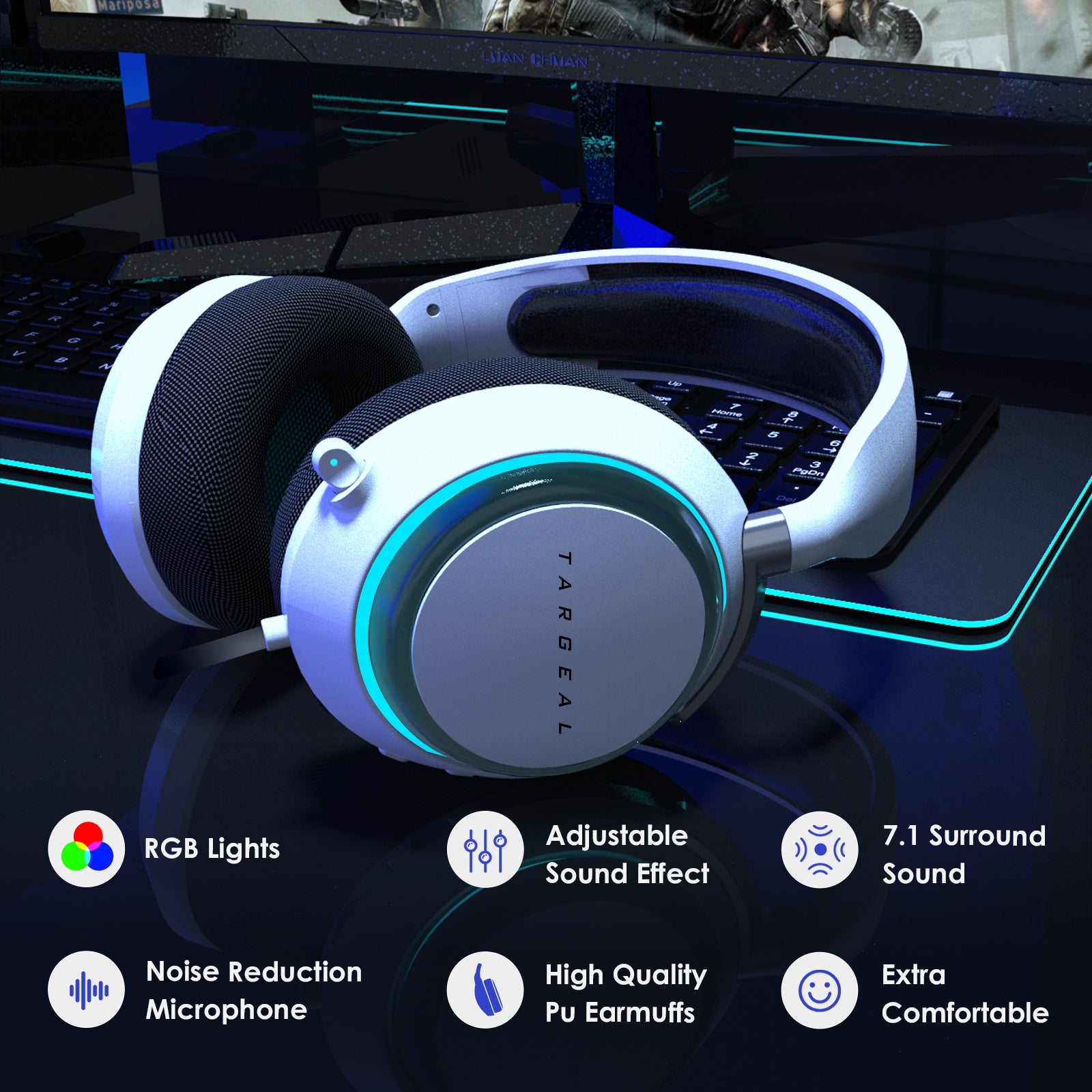 TARGEAL 916 USB Gaming Headset PC Wired Headphone 360-degree Noise Cancelling Mic 7.1 Channel Surround Sound Earphone with RGB LED for PS4 PS5 Nintendo Switch