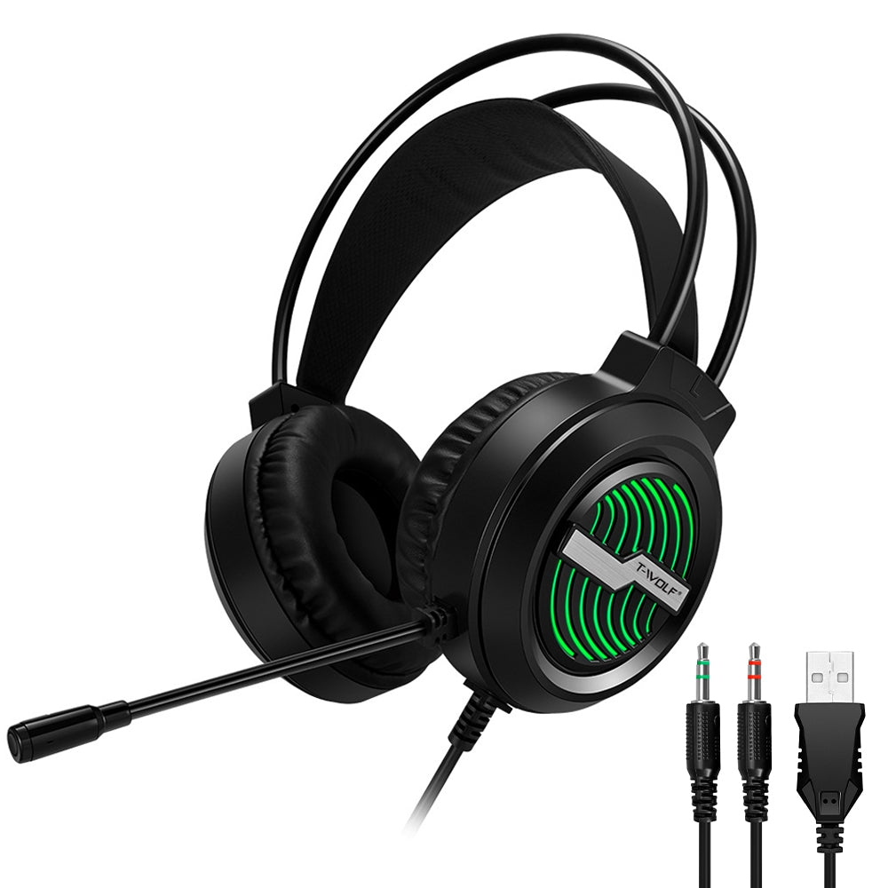 T-WOLF H130 Gaming Headset with Colorful Light Noise-Canceling Microphone Wired Lightweight Headphone Stretchable Earphone with 3.5mm Jack for Laptop Computer