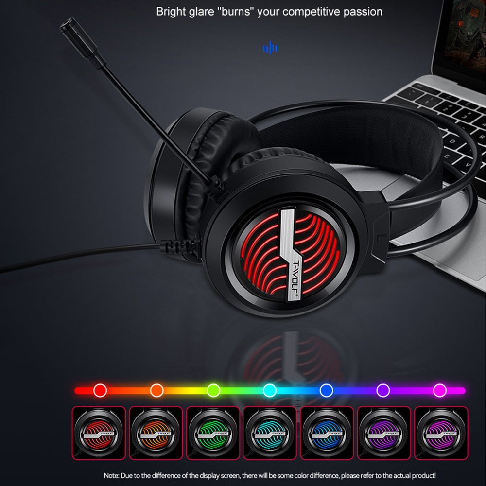 T-WOLF H130 Gaming Headset with Colorful Light Noise-Canceling Microphone Wired Lightweight Headphone Stretchable Earphone with 3.5mm Jack for Laptop Computer