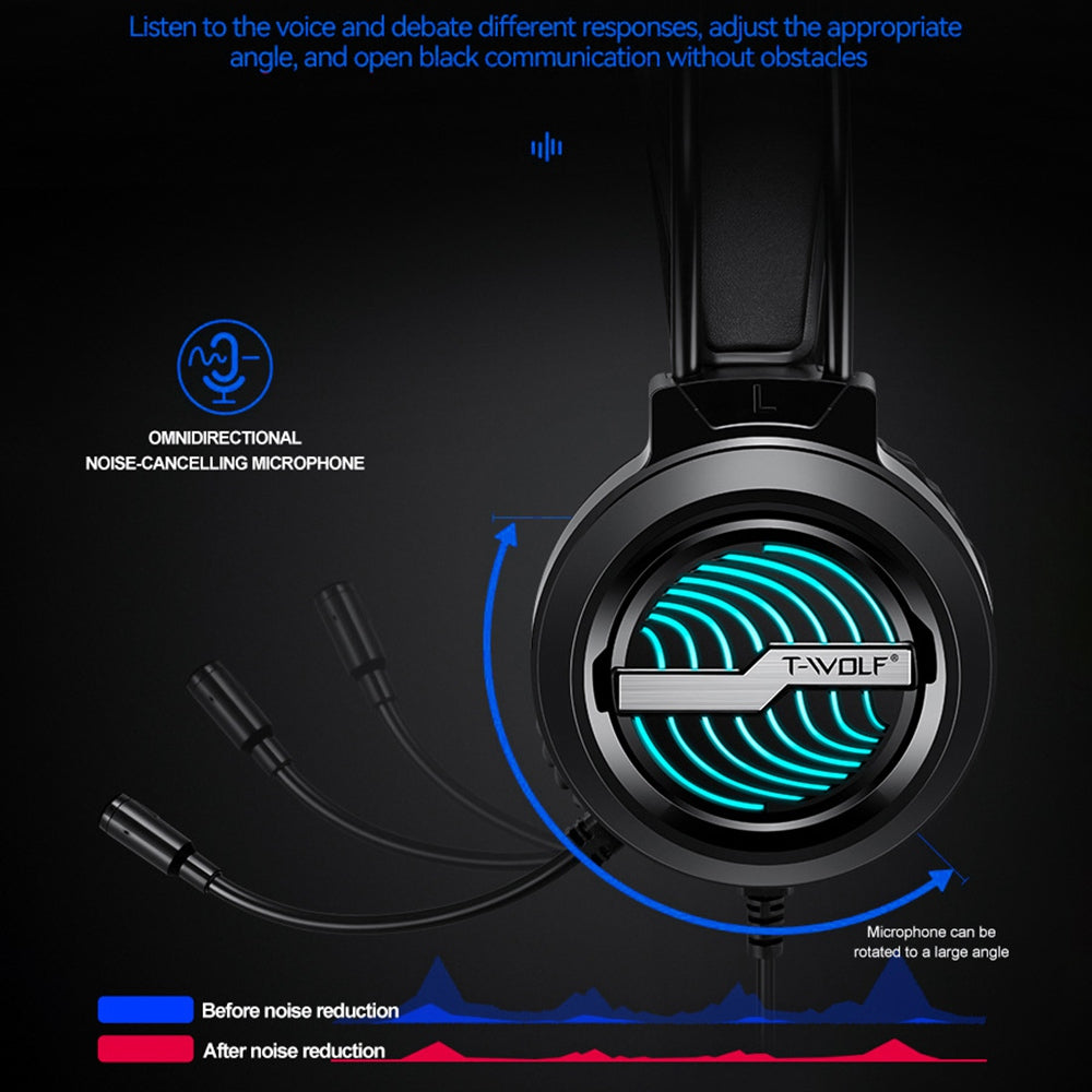 T-WOLF H130 Gaming Headset with Colorful Light Noise-Canceling Microphone Wired Lightweight Headphone Stretchable Earphone with 3.5mm Jack for Laptop Computer