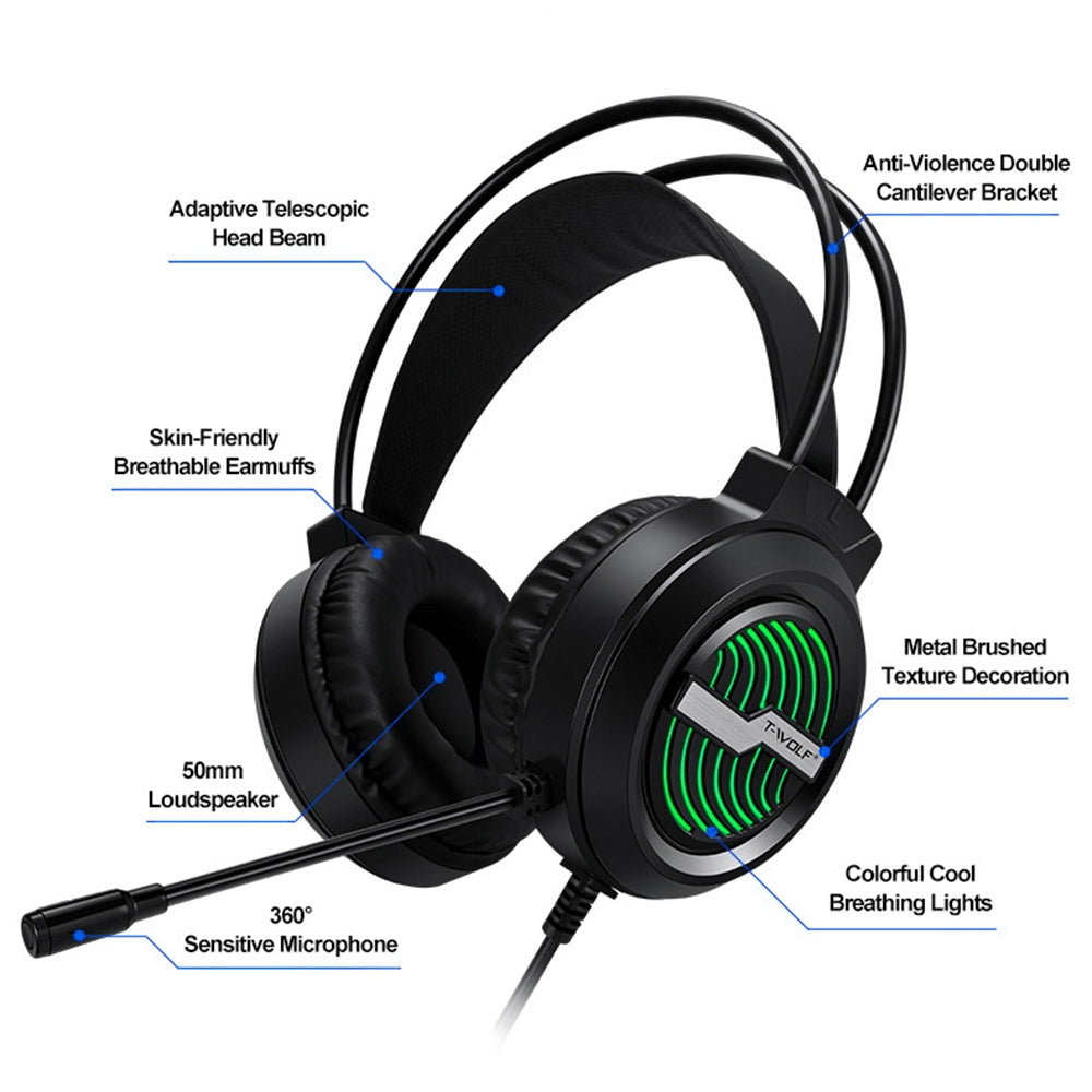 T-WOLF H130 Gaming Headset with Colorful Light Noise-Canceling Microphone Wired Lightweight Headphone Stretchable Earphone with 3.5mm Jack for Laptop Computer