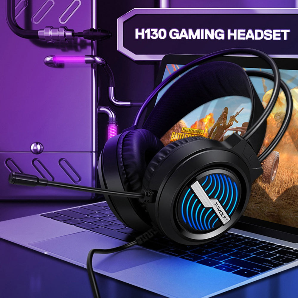 T-WOLF H130 Gaming Headset with Colorful Light Noise-Canceling Microphone Wired Lightweight Headphone Stretchable Earphone with 3.5mm Jack for Laptop Computer