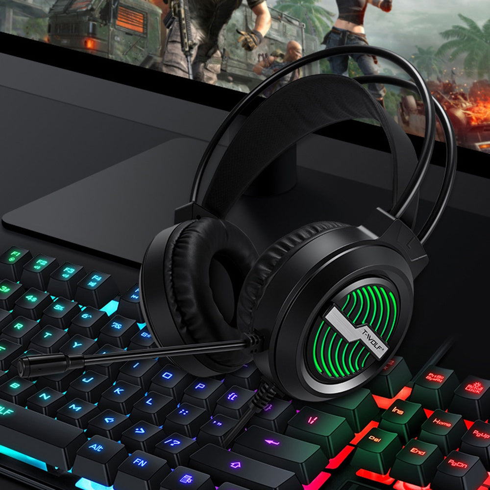 T-WOLF H130 Gaming Headset with Colorful Light Noise-Canceling Microphone Wired Lightweight Headphone Stretchable Earphone with 3.5mm Jack for Laptop Computer