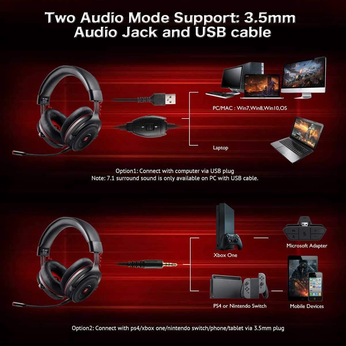 EKSA E900 Pro for Xbox PC Wired Gaming Headset Virtual 7.1 Surround Sound USB 3.5mm LED Headphones with Mic Volume Control