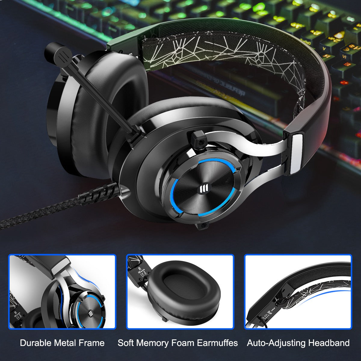 EKSA E3000 Retractable Headband Over-Ear Wired Headphone RGB Gaming Headset with Noise-canceling Mic