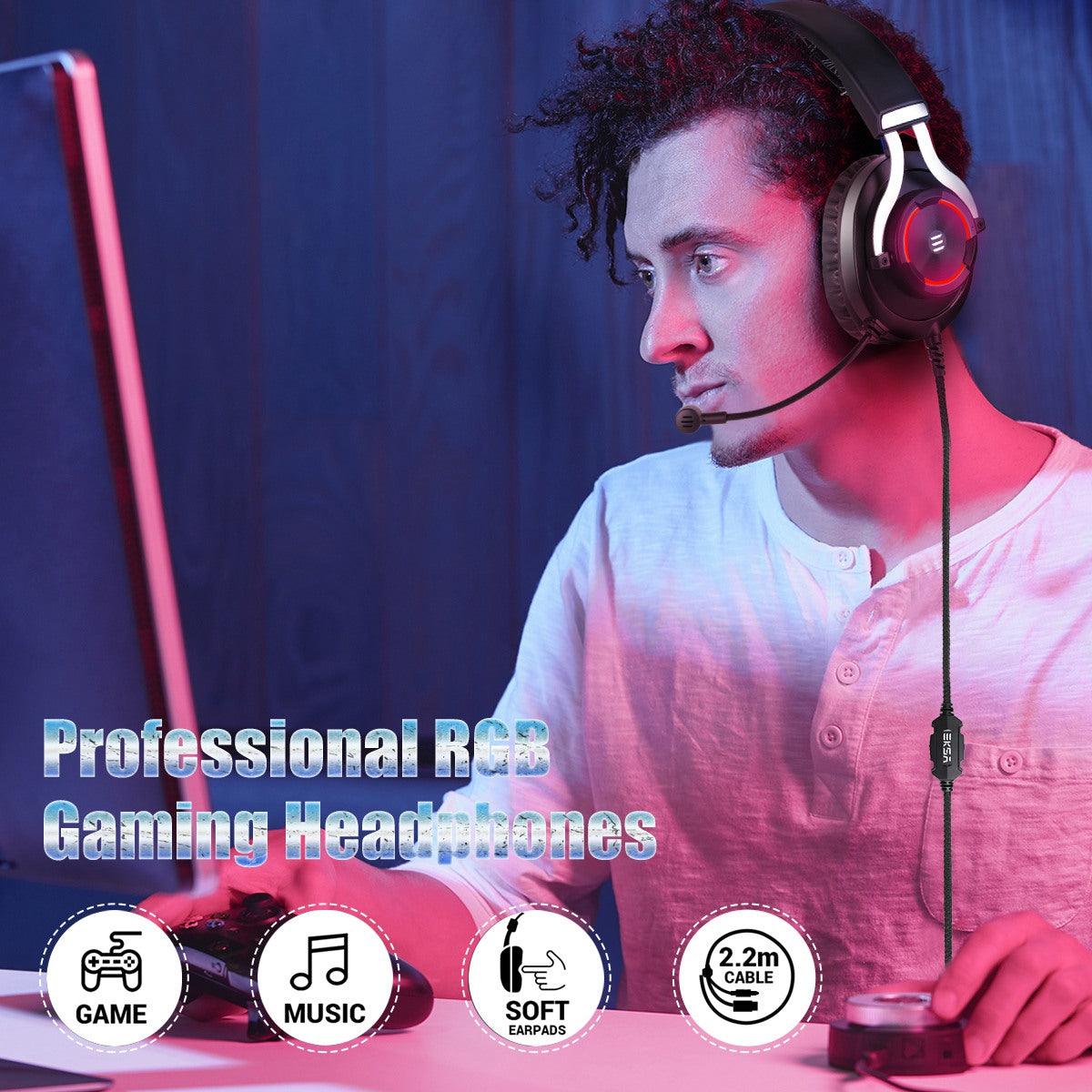 EKSA E3000 Retractable Headband Over-Ear Wired Headphone RGB Gaming Headset with Noise-canceling Mic