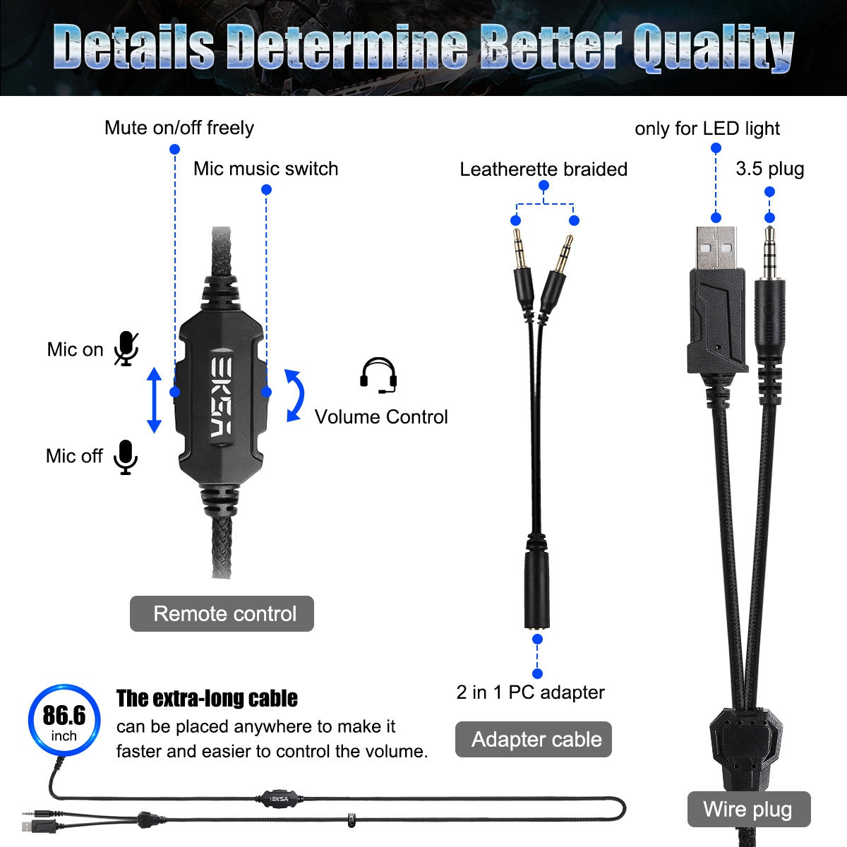 EKSA E3000 Retractable Headband Over-Ear Wired Headphone RGB Gaming Headset with Noise-canceling Mic