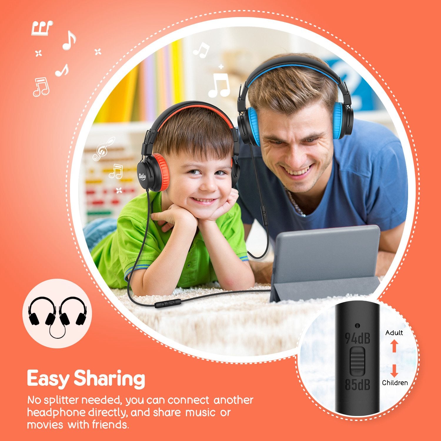 GORSUN E92V Children Wired Headset Foldable Lightweight Headphone Portable Earphone 3.5mm AUX Volume Limit for Mobile Phone MP4