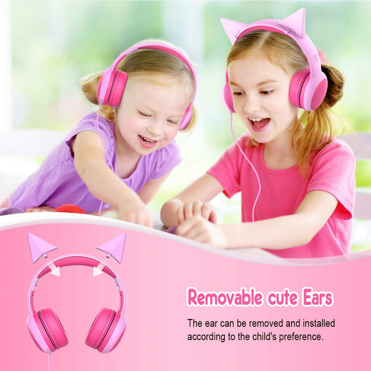 GORSUN GS-E61V 3.5mm Wired Kids Headphone Foldable Children Music Headset with Detachable Cat Ears Decor