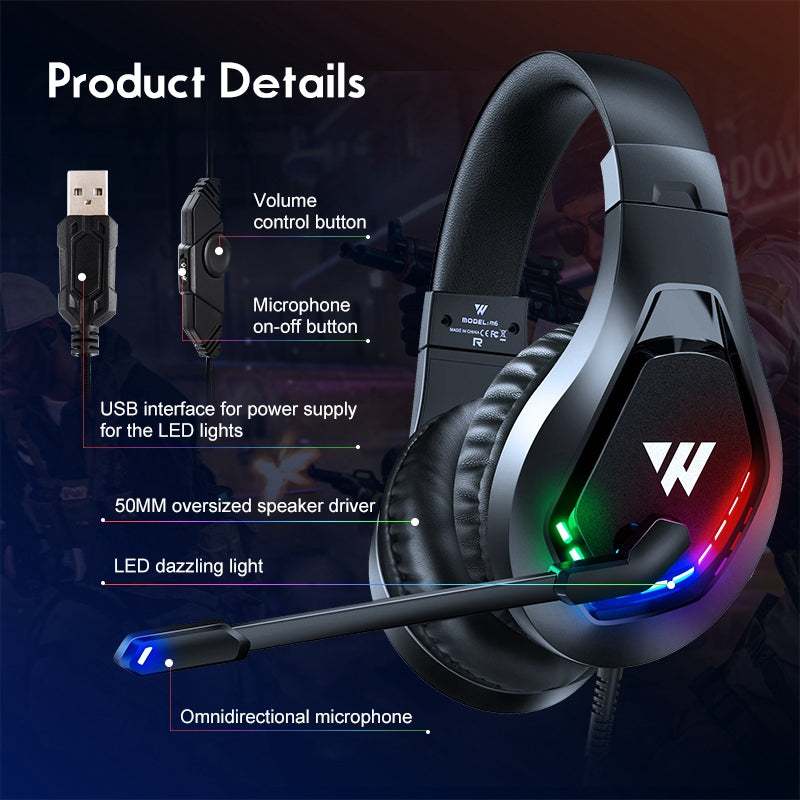 WINTORY M6 Wired Over-Ear Heavy Bass Stereo E-sports Headphone RGB LED Light Professional Gaming Headset