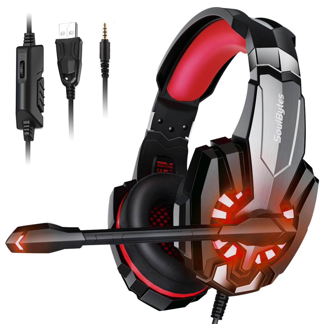 SOULBYTES S9 USB + 3,5 mm kabelové sluchátko přes uši Heavy Bass E-sports Nastavitelná herní sluchátka s LED světlem
