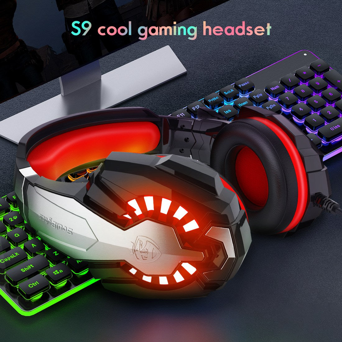 SOULBYTES S9 USB + 3,5 mm kabelové sluchátko přes uši Heavy Bass E-sports Nastavitelná herní sluchátka s LED světlem