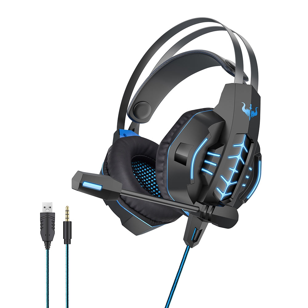 OVLENG GT63 USB+3.5mm Wired Over-Ear E-sports Headset Cool LED Lights Gaming Headphone with Rotating Microphone for Computers Laptops