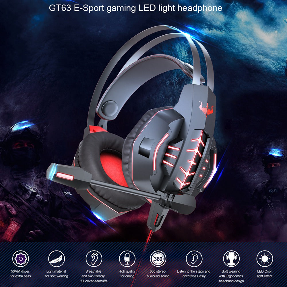 OVLENG GT63 USB+3.5mm Wired Over-Ear E-sports Headset Cool LED Lights Gaming Headphone with Rotating Microphone for Computers Laptops