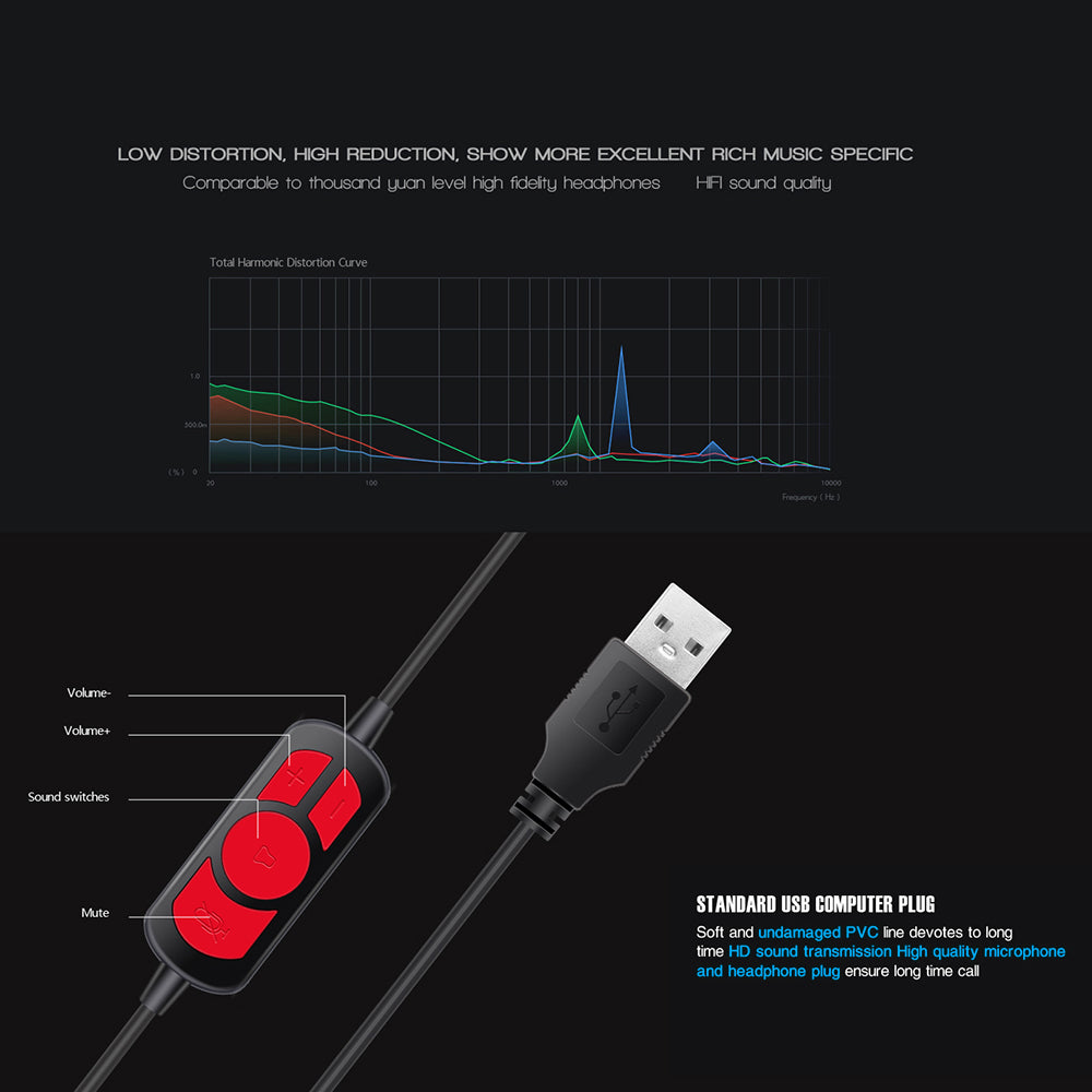 OVLENG GT91 Over-Ear USB Cable Gaming Headset Lightweight Retractable Headband Design E-Sports Computer Headphone with HD Microphone