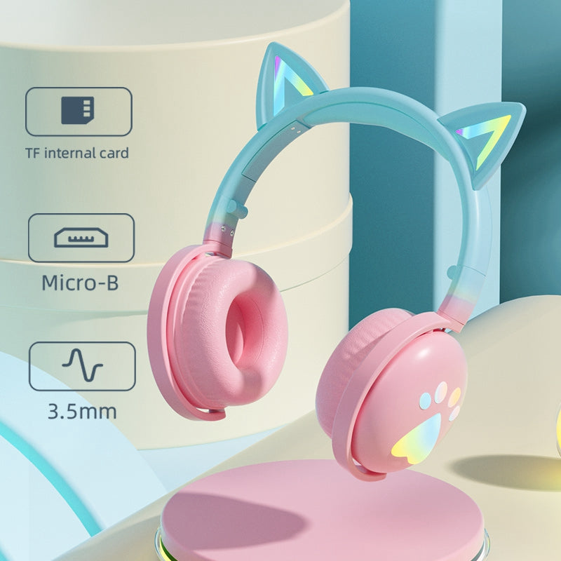 KE28 Cute Cat Ear Kids Wireless Bluetooth Stereo Music Headphone Children Head-mounted Headset with RGB LED Light