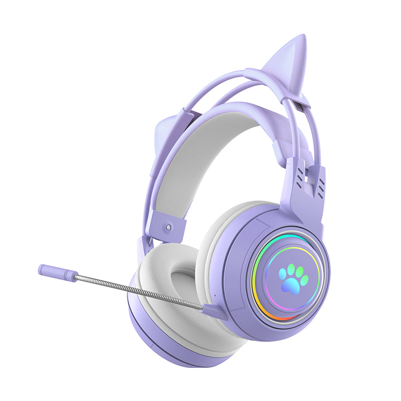 T25 Cute Cat Ears Headphones RGB Lighting Bluetooth Wireless Headset with Detachable Mic