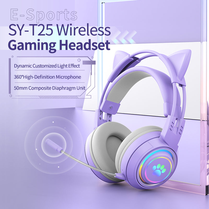 T25 Cute Cat Ears Headphones RGB Lighting Bluetooth Wireless Headset with Detachable Mic