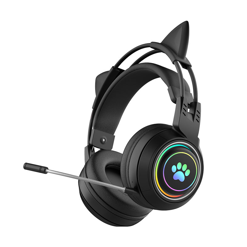 T25 Cute Cat Ears Headphones RGB Lighting Bluetooth Wireless Headset with Detachable Mic