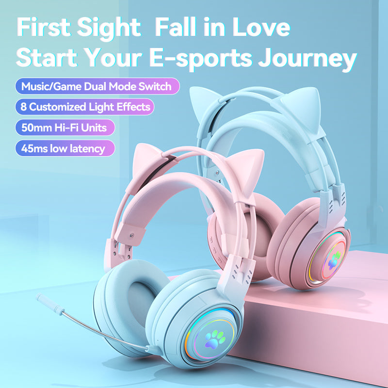 T25 Cute Cat Ears Headphones RGB Lighting Bluetooth Wireless Headset with Detachable Mic