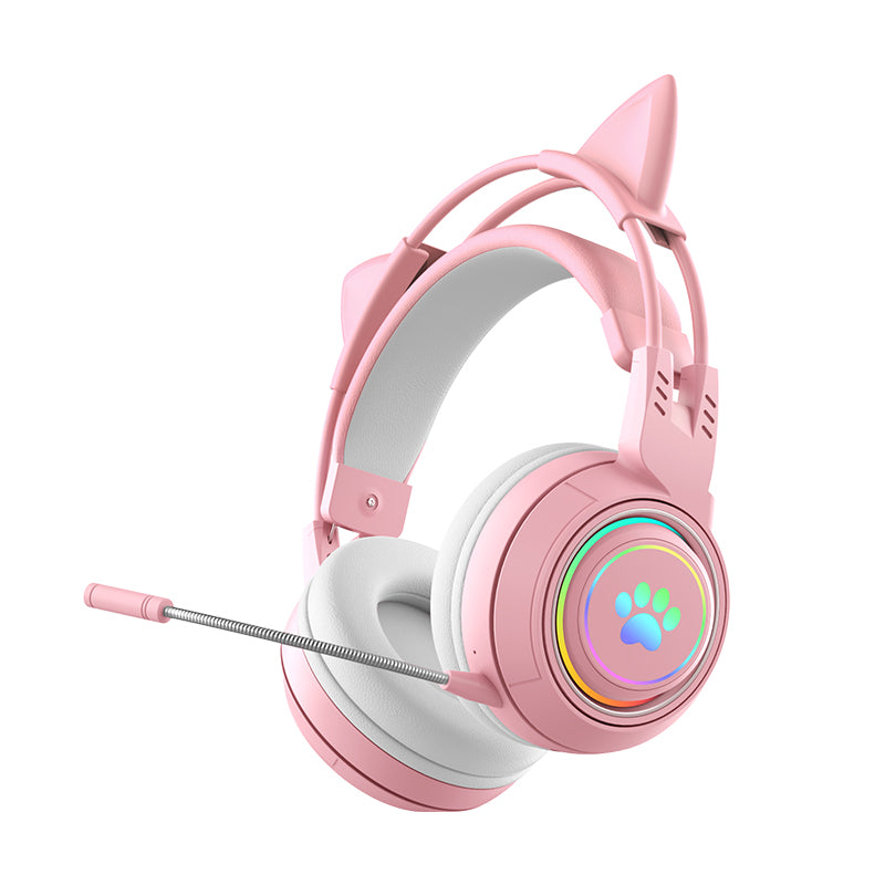 T25 Cute Cat Ears Headphones RGB Lighting Bluetooth Wireless Headset with Detachable Mic