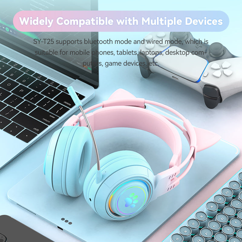 T25 Cute Cat Ears Headphones RGB Lighting Bluetooth Wireless Headset with Detachable Mic