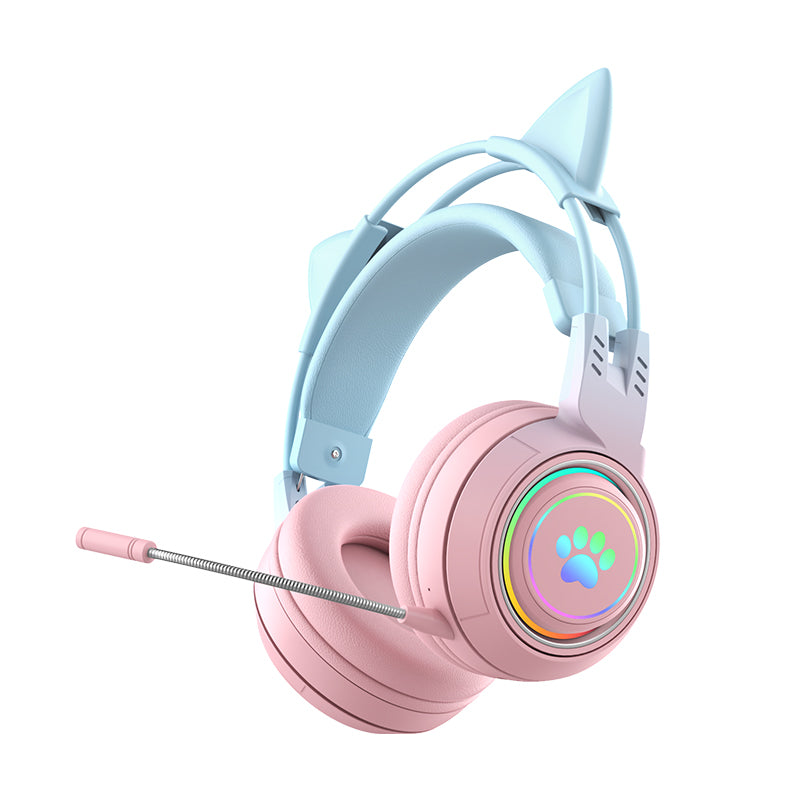 T25 Cute Cat Ears Headphones RGB Lighting Bluetooth Wireless Headset with Detachable Mic