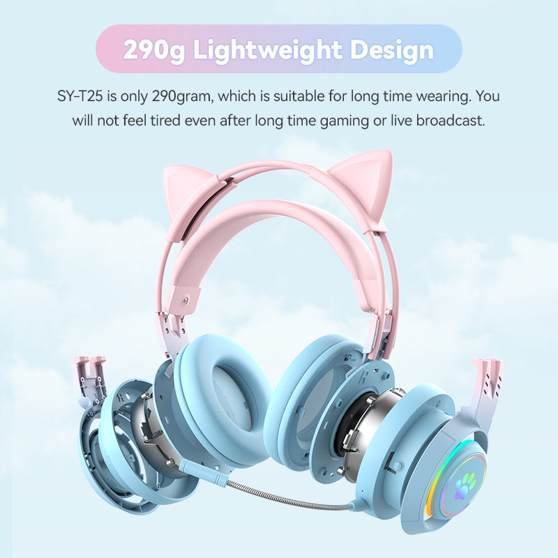 T25 Cute Cat Ears Headphones RGB Lighting Bluetooth Wireless Headset with Detachable Mic