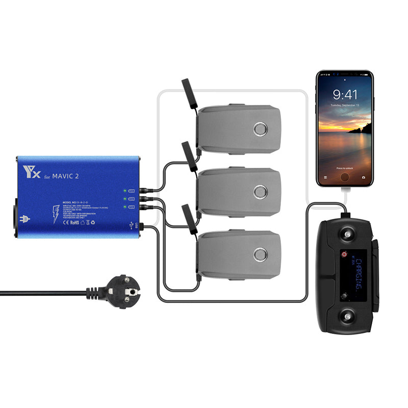 YX 5-in-1 Smart Charger for DJI Mavic 2 Drone Battery Charger Remote Control Phone Charging Hub