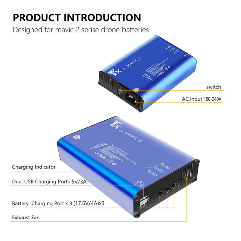 YX 5-in-1 Smart Charger for DJI Mavic 2 Drone Battery Charger Remote Control Phone Charging Hub