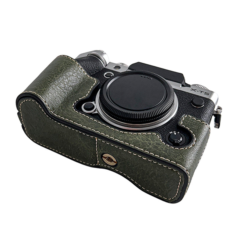 For Fujifilm X-T5 Buffalo Texture PU Leather Camera Bottom Case Flannel Lining Half Body Protective Cover with Battery Opening