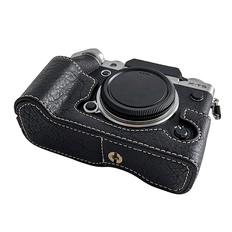 For Fujifilm X-T5 Buffalo Texture PU Leather Camera Bottom Case Flannel Lining Half Body Protective Cover with Battery Opening