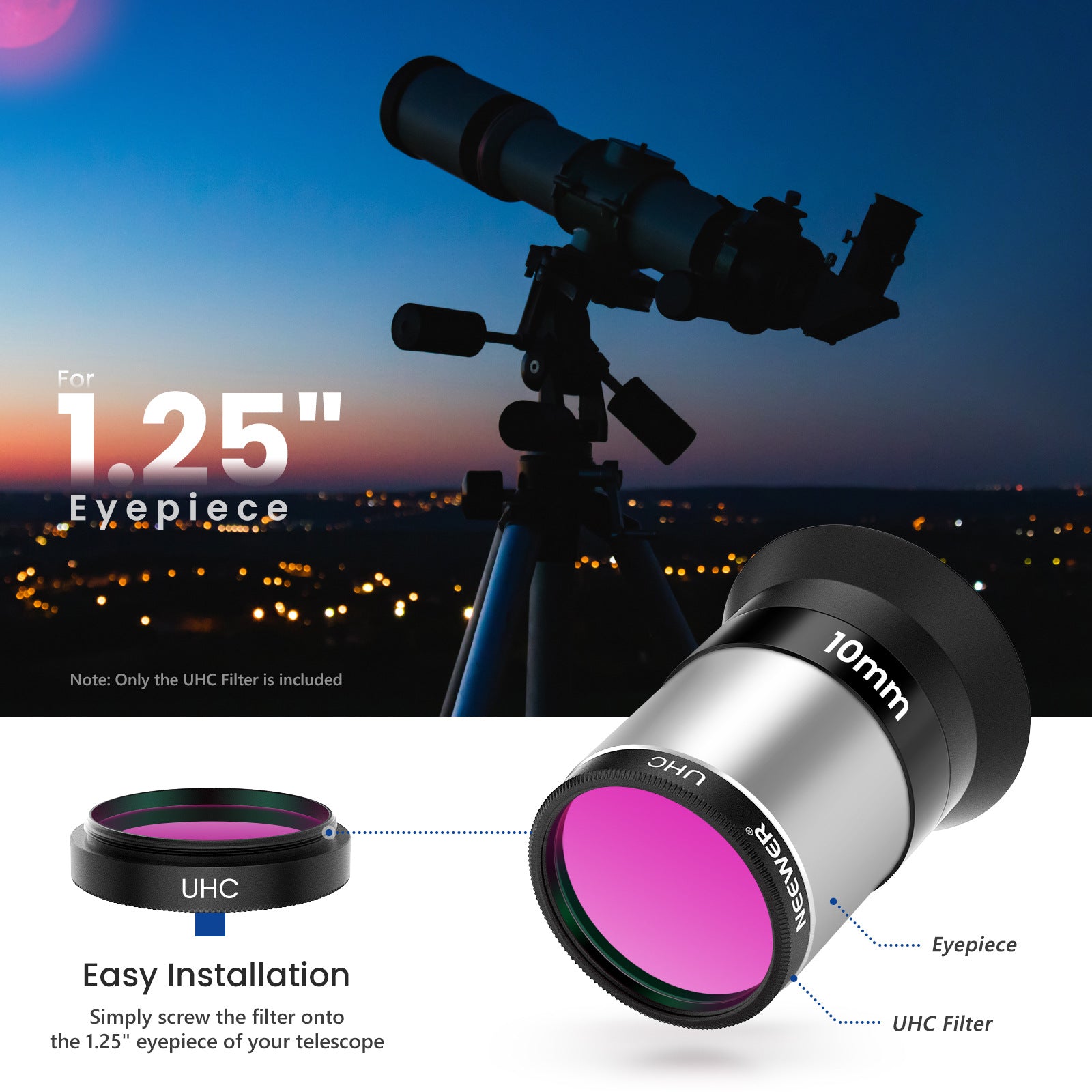 NEEWER N-10 1.25 Inch UHC Filter Ultra High Contrast Filter Light Pollution Reduction Filter Astrophotography Improve Image Contrast