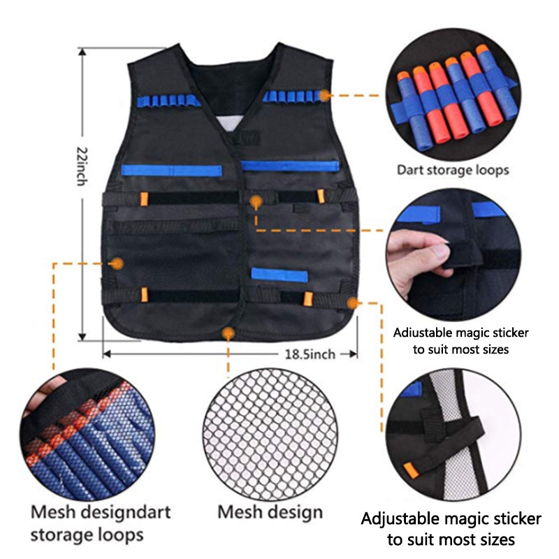 BX-009 Kids Tactical Vest Kit for Nerf Blaster Game with Refill Darts Reload Clips Face Mask Wrist Bands and Protective Glasses Tactical Vest Toys for Boys Girls