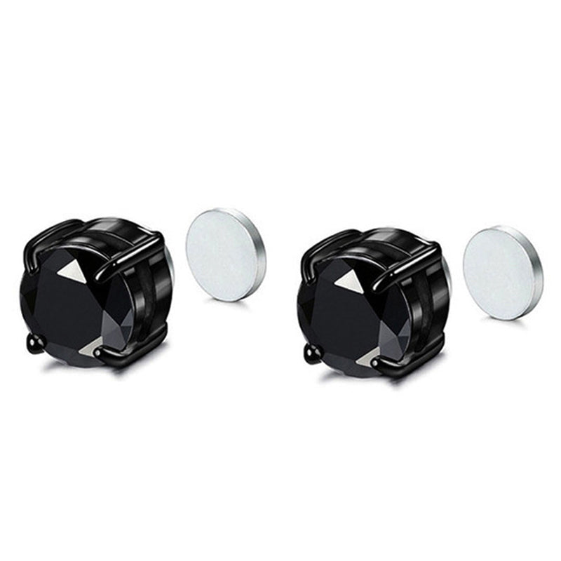 A00899 One Pair 8mm Stud Earrings Non-piercing Magnetic Stainless Steel Zircon Stud Eardrops Earrings Jewelry - Black/Black Diamond