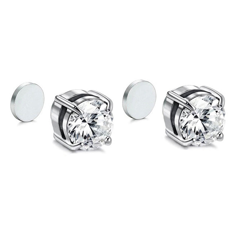 A00899 One Pair Magnetic Stud Earring Ear Decor Jewelry 8mm Non-piercing Stud Earring Magnet - Silver/White Diamond