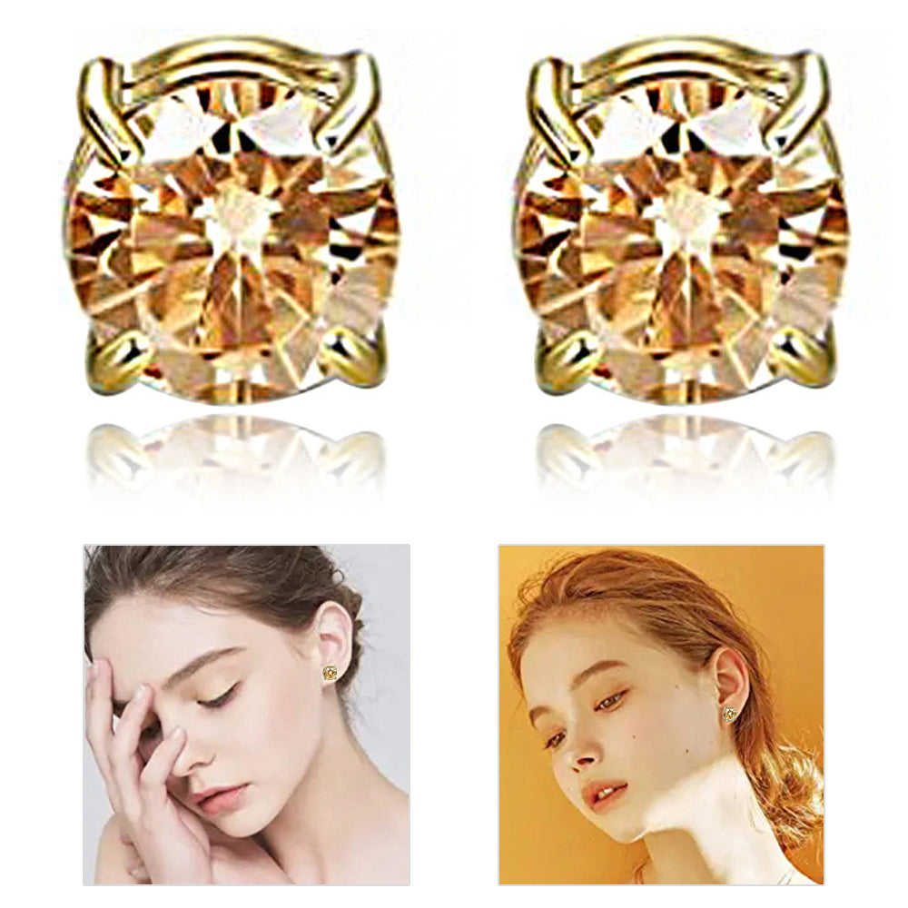A00899 One Pair Non-piercing Magnetic 8mm Stud Earrings Stainless Steel Zircon Stud Eardrops Earrings Jewelry - Gold/Gold Diamond