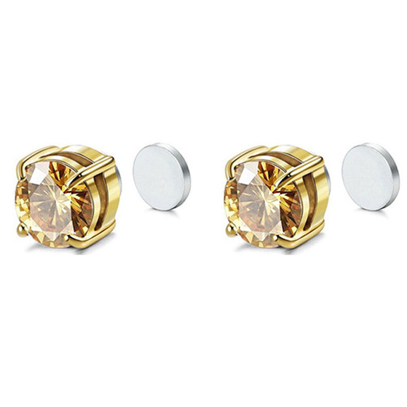 A00899 One Pair Non-piercing Magnetic 8mm Stud Earrings Stainless Steel Zircon Stud Eardrops Earrings Jewelry - Gold/Gold Diamond