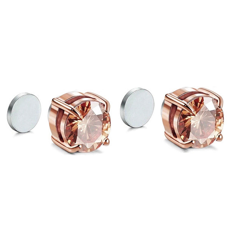A00899 One Pair Stainless Steel Zircon Stud Eardrops Earrings Jewelry 8mm Non-piercing Magnetic Stud Earrings - Rose Gold
