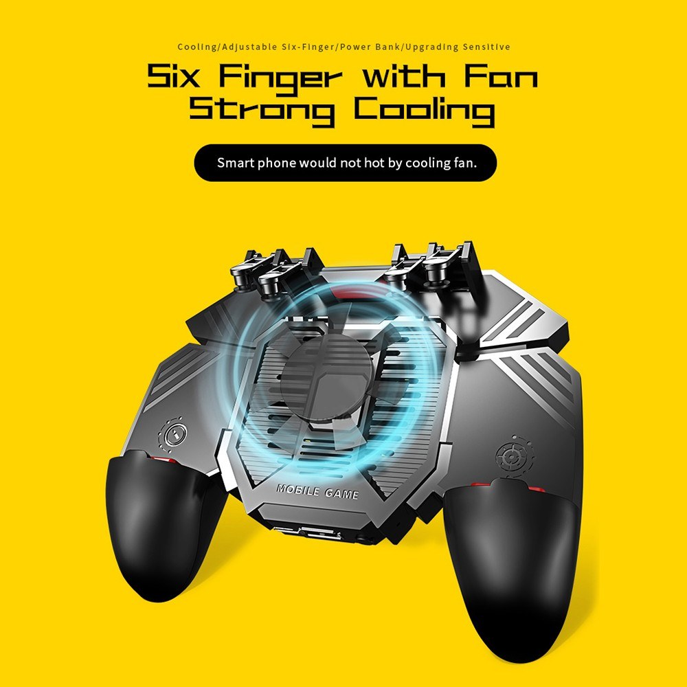 AK77 mobilní herní ovladač Herní ovladač PUBG Gamepad s 6prstovým herním spouštěčem a chladicím ventilátorem, černý/nabíjecí kabel USB