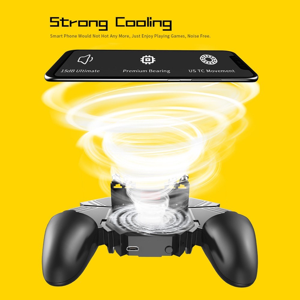 AK77 mobilní herní ovladač Herní ovladač PUBG Gamepad s 6prstovým herním spouštěčem a chladicím ventilátorem, černý/nabíjecí kabel USB