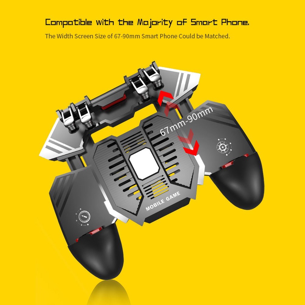 AK77 mobilní herní ovladač Herní ovladač PUBG Gamepad s 6prstovým herním spouštěčem a chladicím ventilátorem, černý/nabíjecí kabel USB